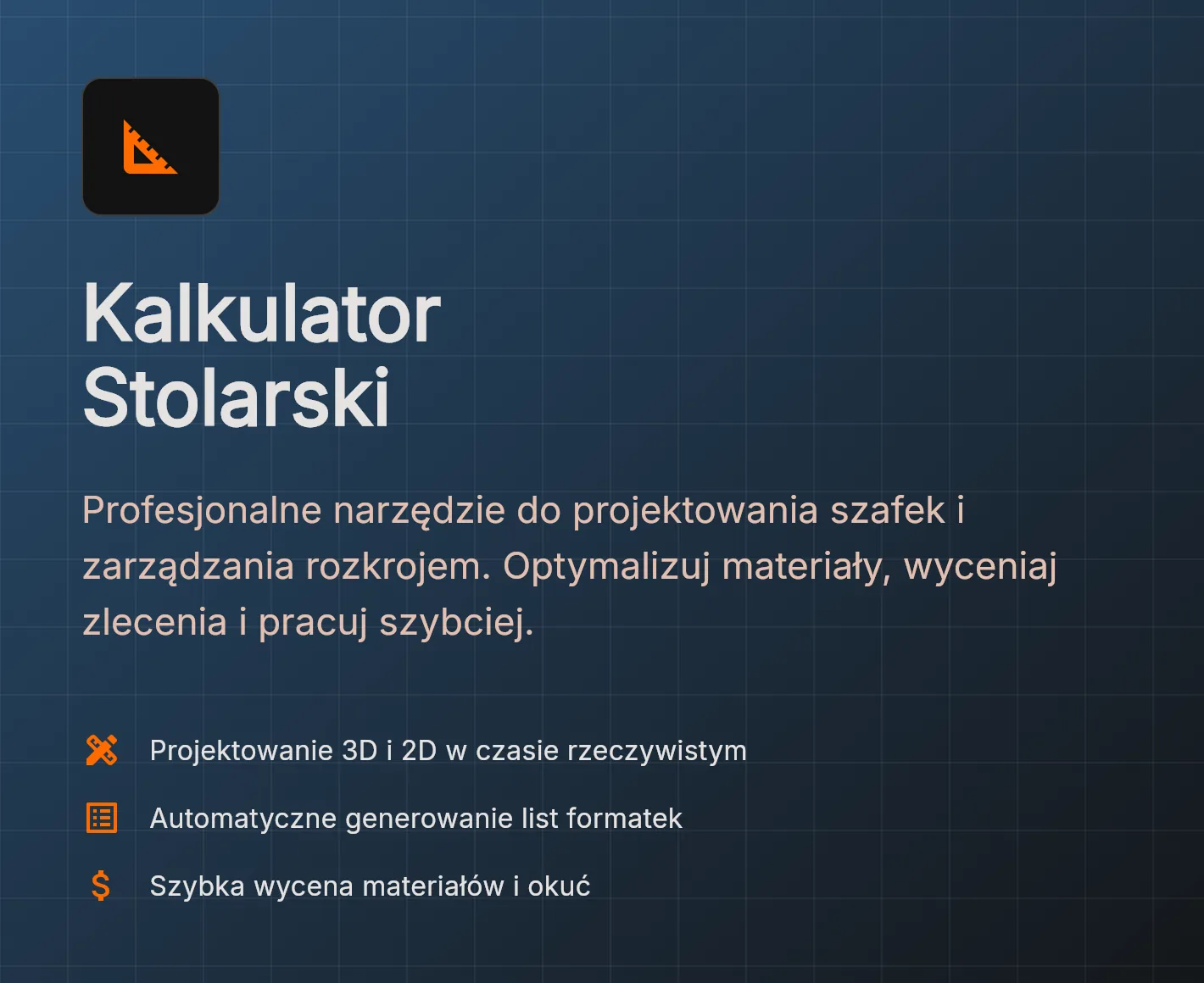 Ekran startowy aplikacji Kalkulator Stolarski